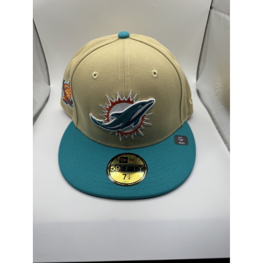 New Era 59Fifty Miami Dolphins Pro Bowl NFL Fitted Hat Beige & Teal Size 7 1/4